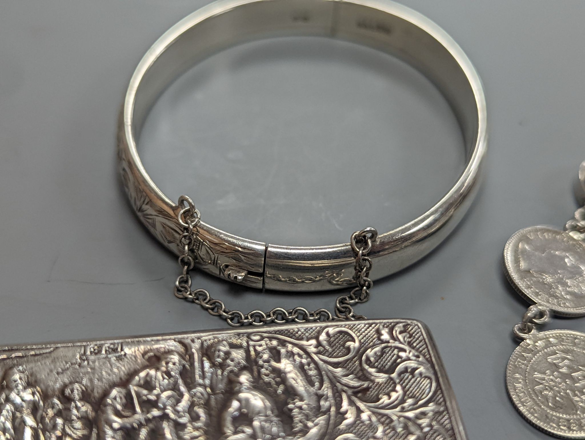 Two Austro Hungarian white metal snuff boxes, a bracelet and coin bracelet.